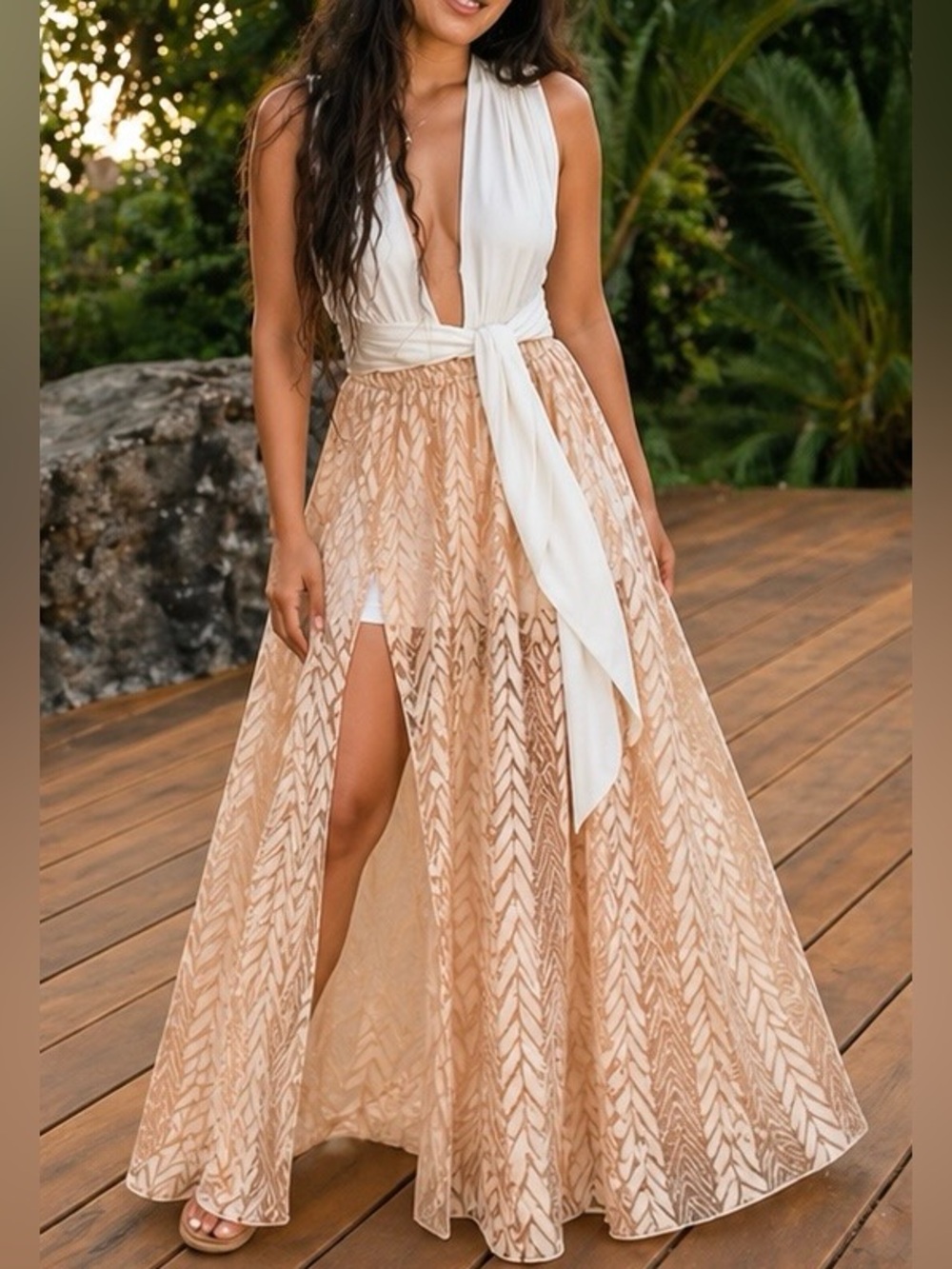 Goddess Sheer Skirt Set – Peach & White Two-Piece with Tie Waist (XS–M)